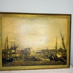 Vintage Venetian Cityscape Print, Distressed Decoupage Plaque w/gold leaf detail